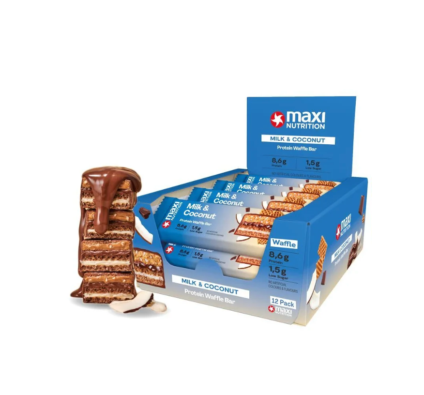 Barra de proteina Maxi Nutrition - Waffle Milk & Coconut (12 unidades)