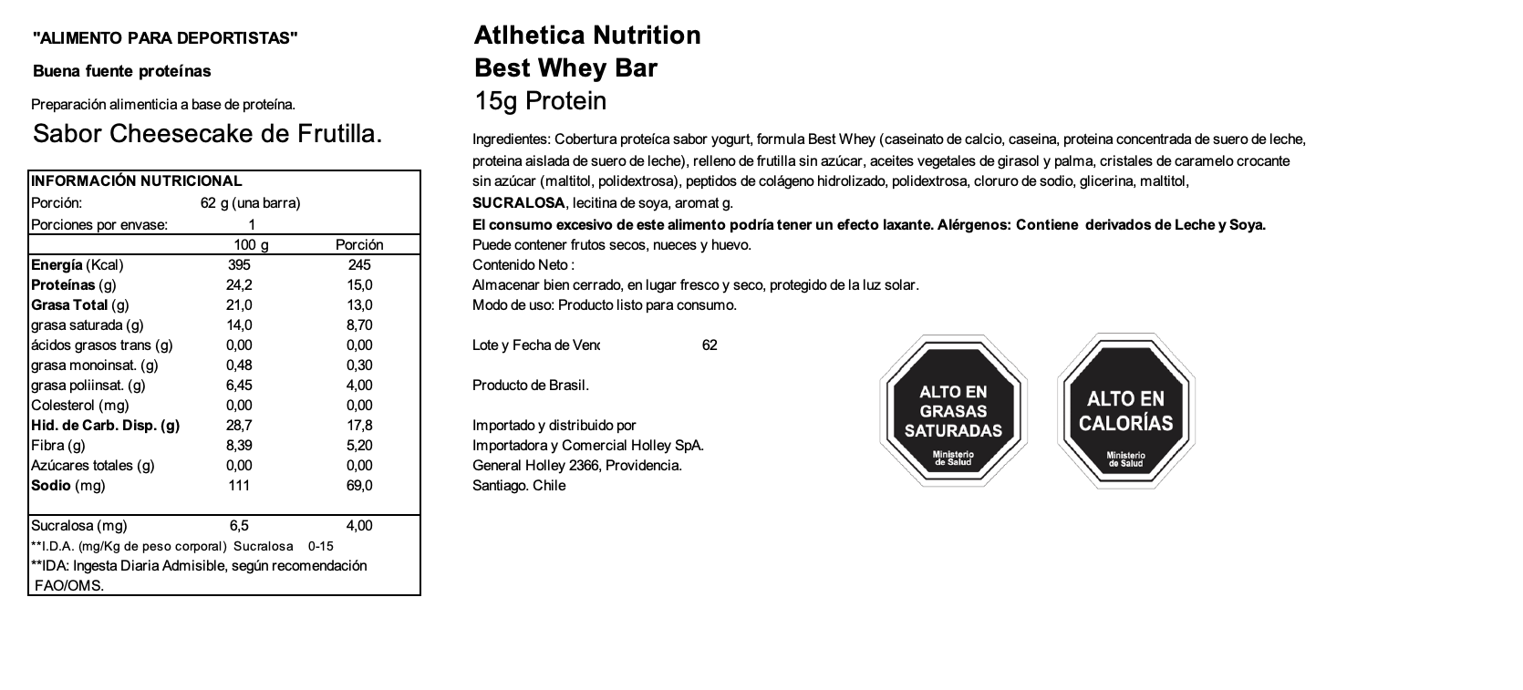 Barra de proteina Atlhetica Nutrition - Cheesecake de Frutilla (12 unidades)