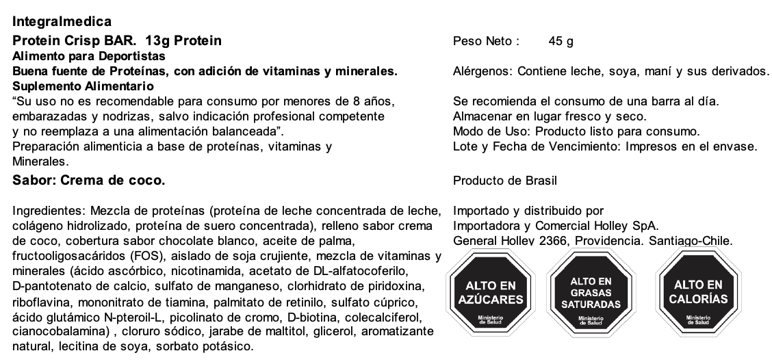 Barra de proteina Integralmedica - Crema de coco (12 unidades)
