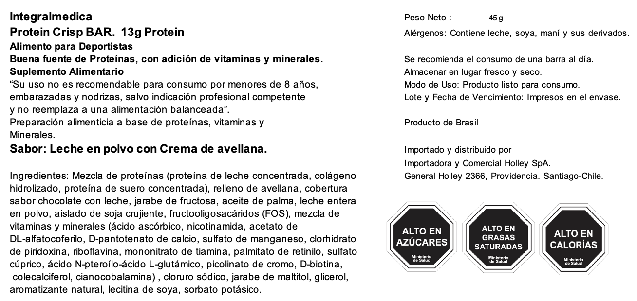 Barra de proteina Integralmedica - Crema de avellanas (12 unidades)