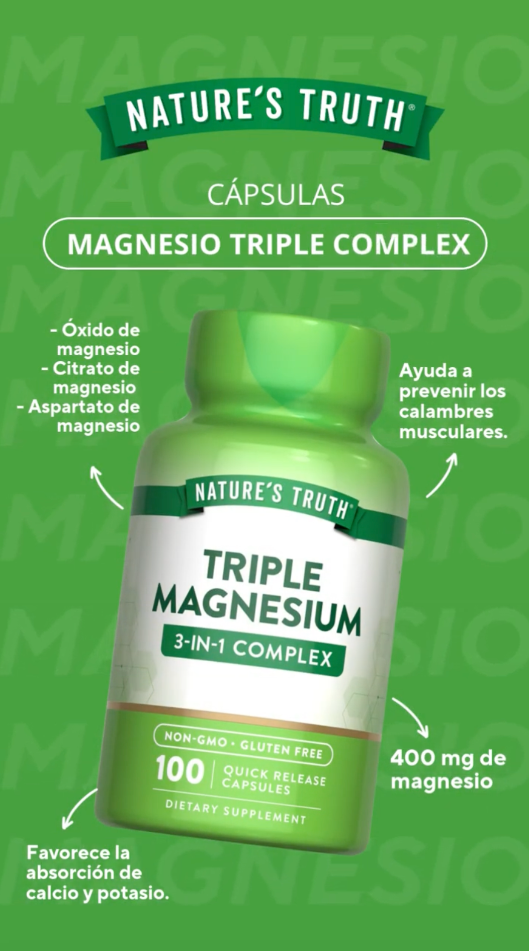 Magnesio Triple Natures Truth - Triple Complex 400 mg (100 cápsulas)
