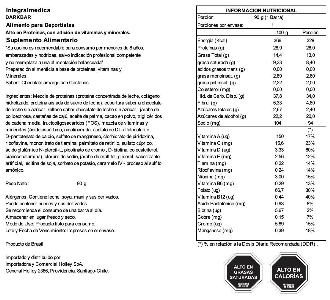 Barra de proteina Darkness - Chocolate Bitter con Castañas (8 unidades)