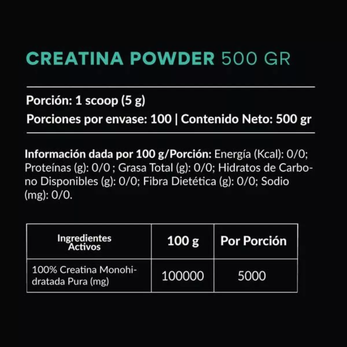 Creatina Monohidratada Wild Foods - 500 gr (100 servicios)