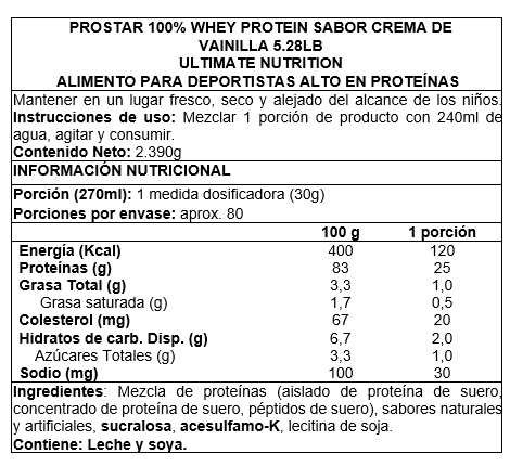 Proteina en polvo Whey Ultimate Nutrition Prostar - Vainilla Creme 2,4 kg (80 servicios)