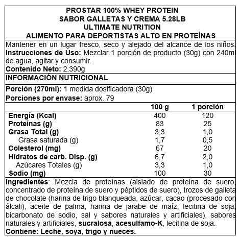 Proteina en polvo Whey Ultimate Nutrition Prostar - Cookies & Cream 2,4 kg (80 servicios)
