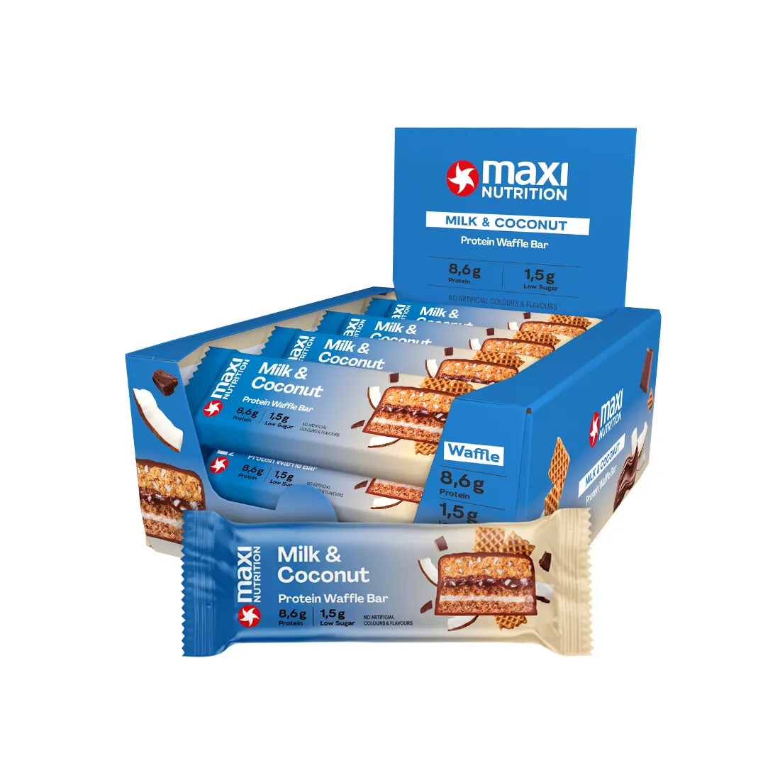 Barra de proteina Maxi Nutrition - Waffle Milk & Coconut (12 unidades)