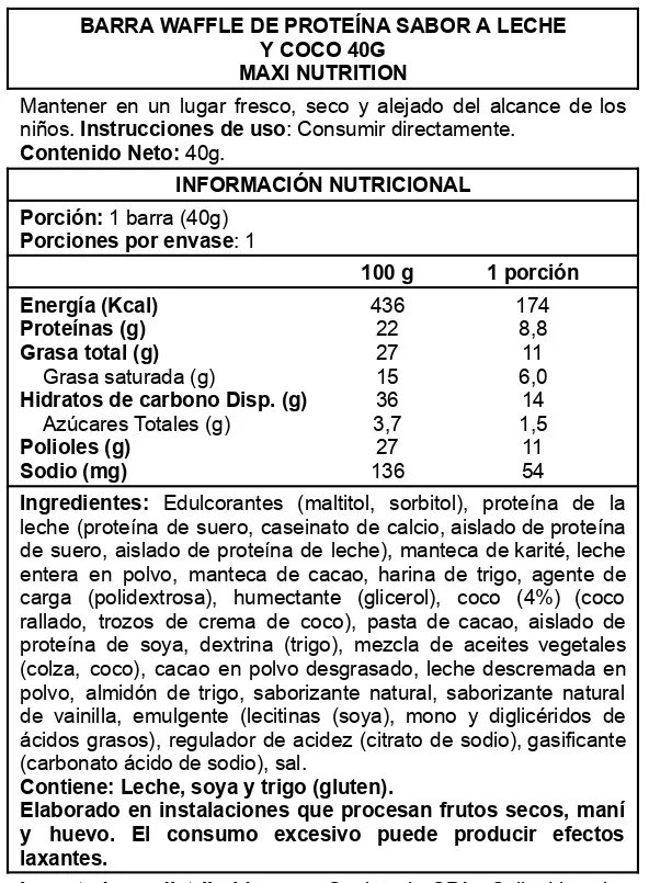 Barra de proteina Maxi Nutrition - Waffle Milk & Coconut (12 unidades)