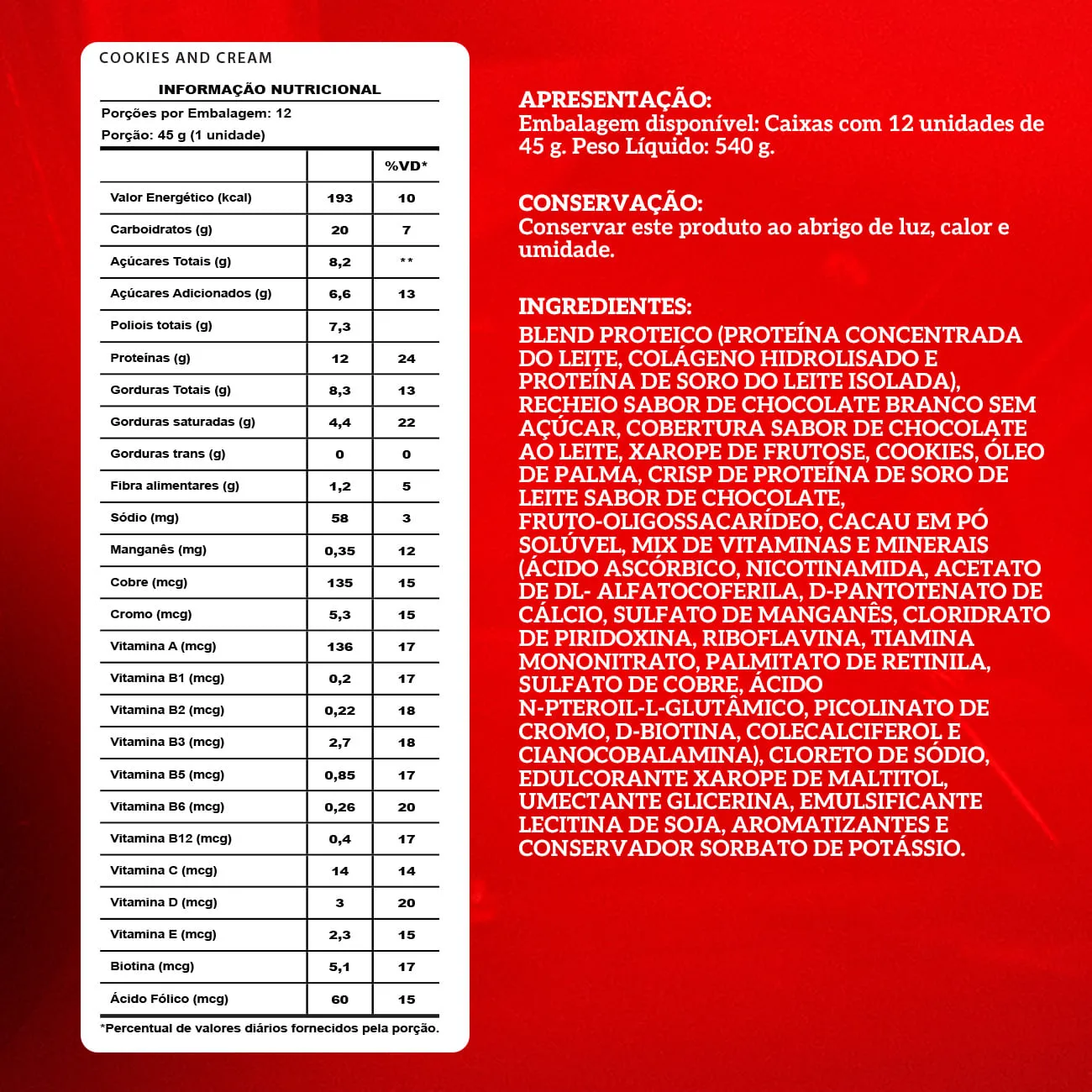 Barra de proteina Integralmedica - Cookies & Cream (12 unidades)