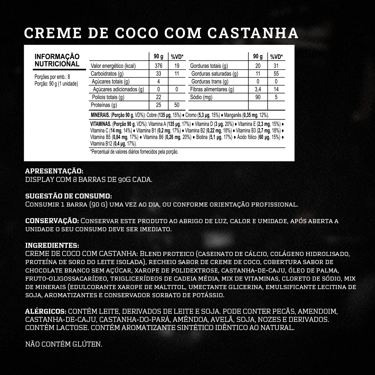 Barra de proteina Darkness - Crema de coco con castaña de caju (12 unidades)