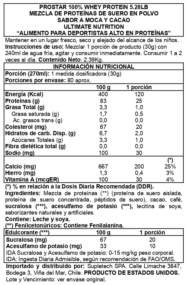 Proteina en polvo Whey Ultimate Nutrition Prostar - Cocoa Mocha 2,4 kg (80 servicios)