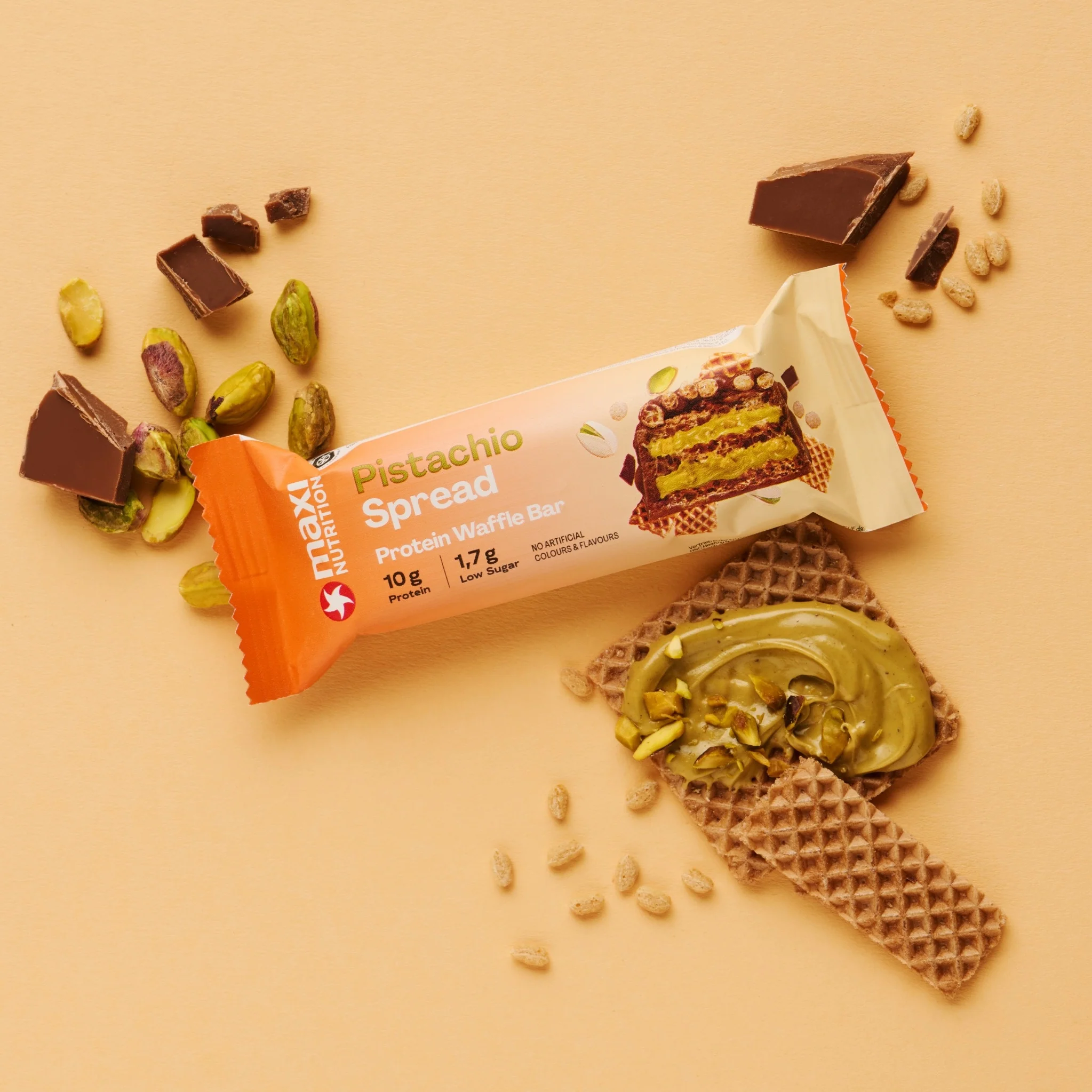 Barra de proteina Maxi Nutrition - Waffle Pistacho Spread (12 unidades)