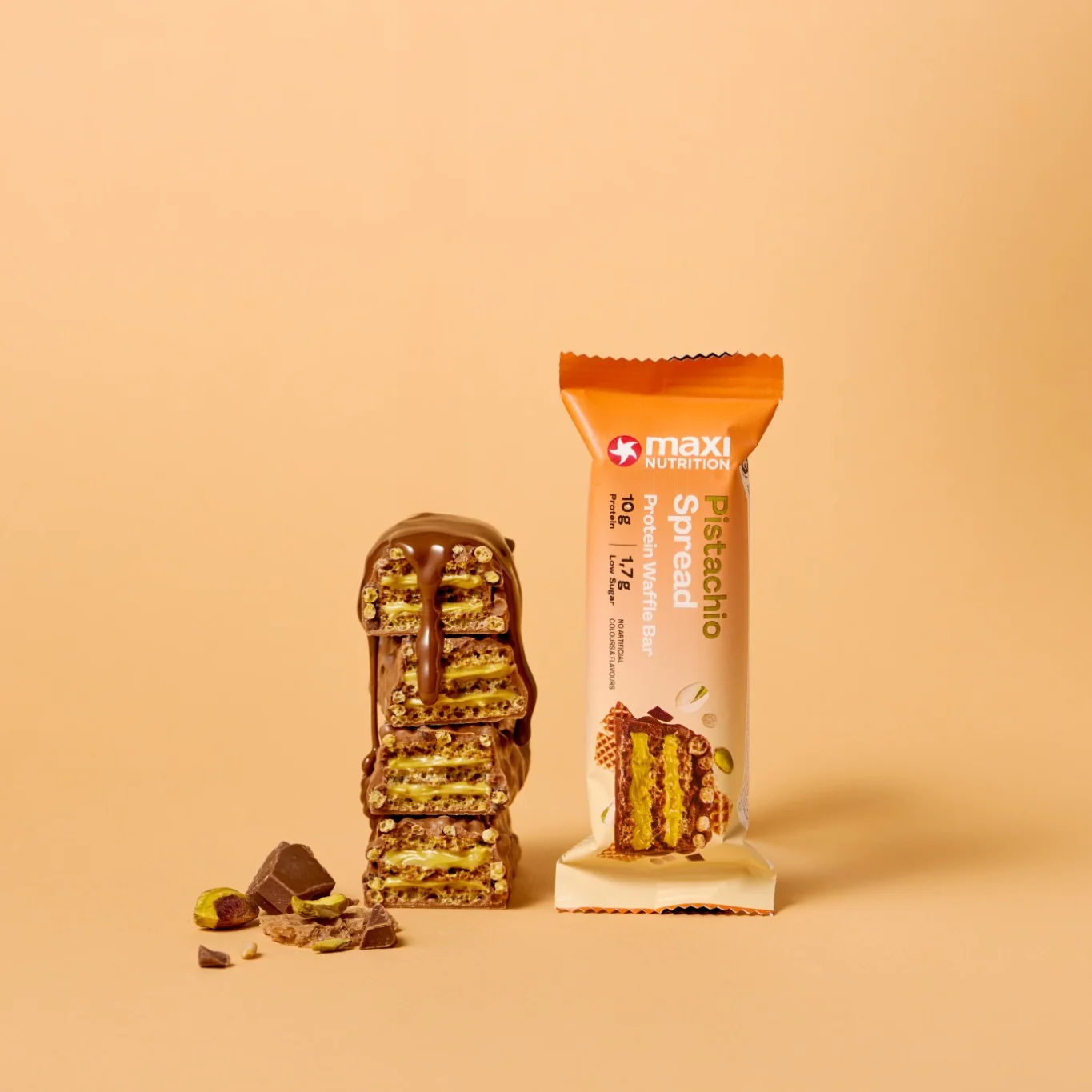 Barra de proteina Maxi Nutrition - Waffle Pistacho Spread (12 unidades)