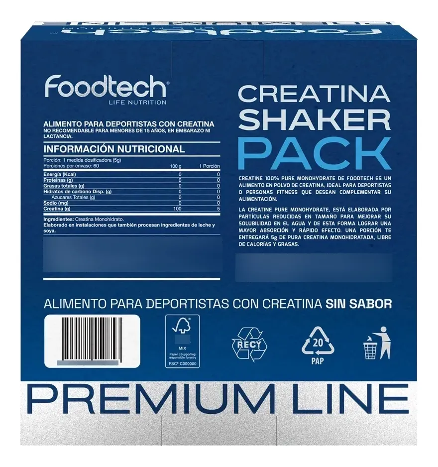 Creatina Monohidratada + Shaker Foodtech - 300 gr (60 servicios)