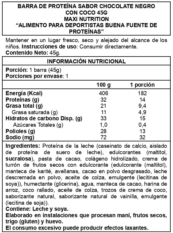 Barra de proteina Maxi Nutrition - Dark Chocolate Coconut (12 unidades)