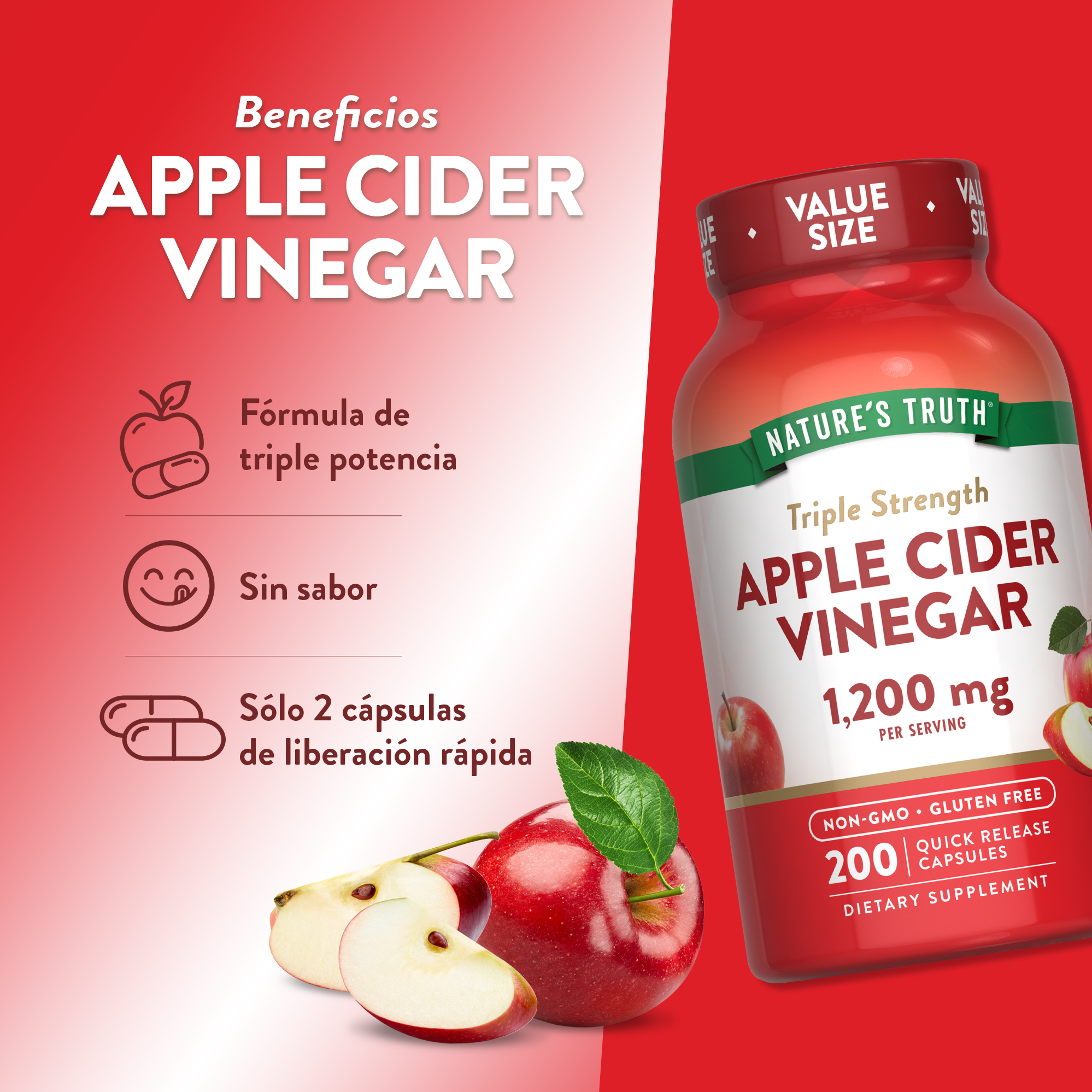 Vinagre de Manzana Natures Truth - Apple Cider Vinegar 1200 mg (60 cápsulas)