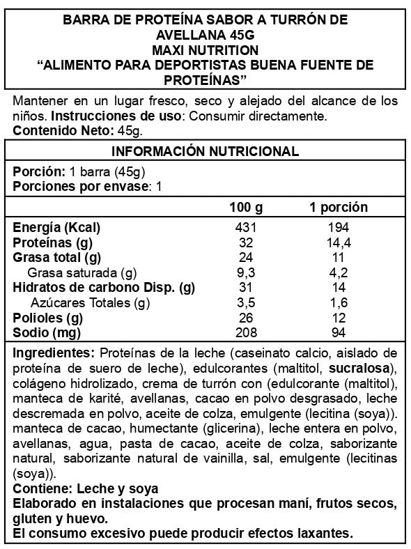 Barra de proteina Maxi Nutrition - Hazelnut Nougat (12 unidades)