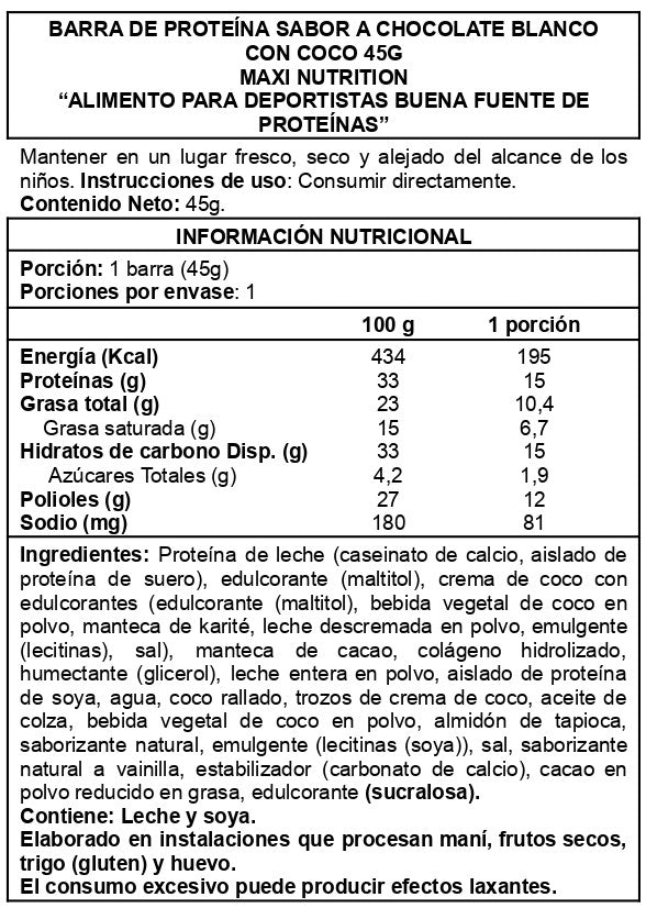 Barra de proteina Maxi Nutrition - White Chocolate Coconut (12 unidades)