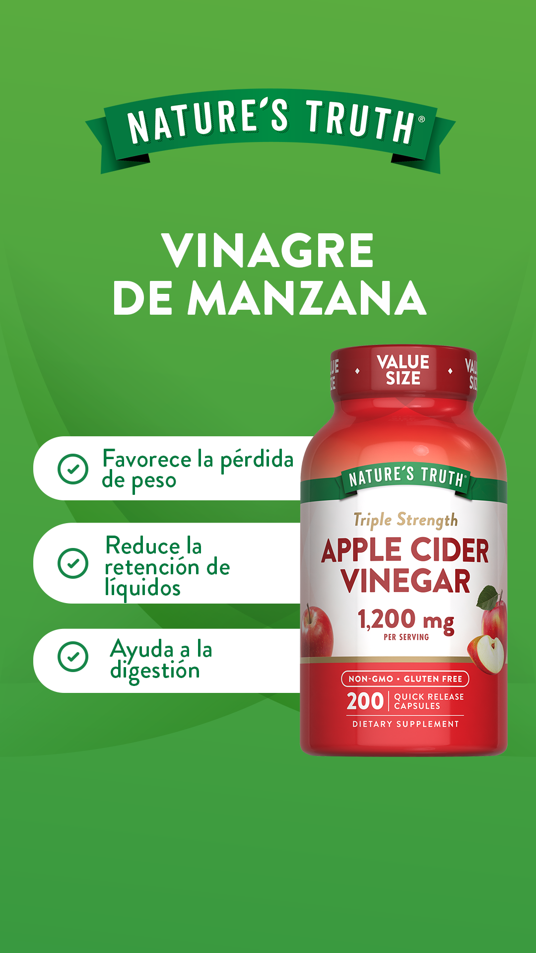Vinagre de Manzana Natures Truth - Apple Cider Vinegar 1200 mg (200 cápsulas)